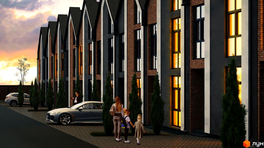 Таунхауси „Карамель“: фасади з цегли та штукатурки, великі вікна з жовтим світлом. Прибудинкова територія з деревами та автомобілями.