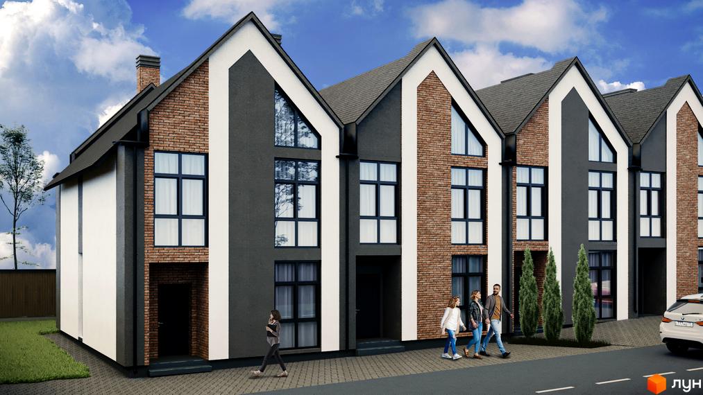 Таунхауси „Карамель“: фасади з цегли та штукатурки, вікна великого розміру, триповерхові будинки. Прибудинкова територія з газоном, деревами та доріжками.