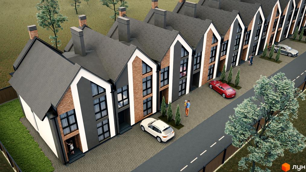 Таунхауси „Карамель“: сучасна архітектура з цегляним оздобленням та великими вікнами, упорядкована прибудинкова територія з доріжками та деревами.