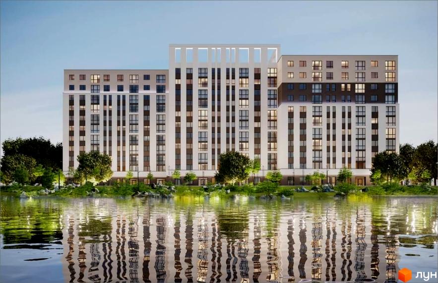 Житловий комплекс Rafinad: багатоповерховий будинок світлих тонів з темними вставками, розташований біля водойми із зеленими насадженнями.