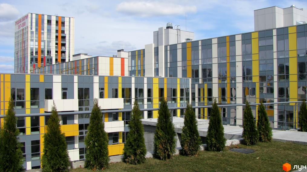 Житловий комплекс Фестивальний з яскравими фасадами. Прибудинкова територія озеленена хвойними деревами.