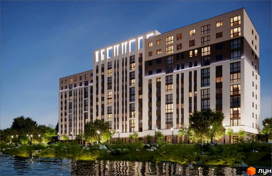 Житловий комплекс Rafinad - це сучасна новобудова з панорамними вікнами та підсвіткою фасаду, розташована біля водойми з доглянутою прибудинковою територією та освітленням.