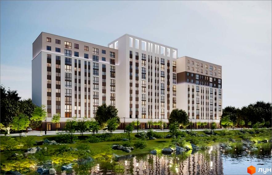 Житловий комплекс Rafinad має світлий фасад з темними віконними рамами. Навколо будинку є озеленена територія та водойма з відображеннями.