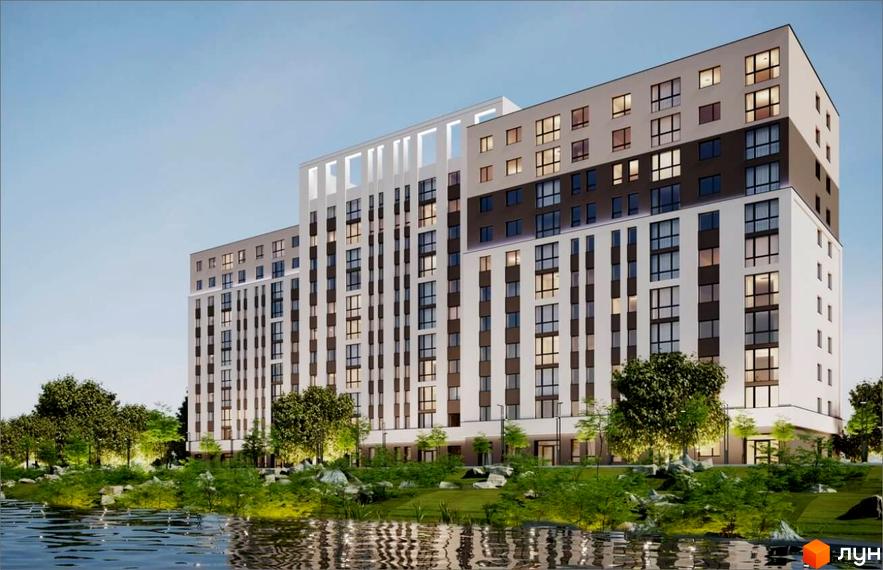 Житловий комплекс Rafinad - це сучасна новобудова з великою кількістю вікон, розташована на березі водойми з доглянутою прибудинковою територією.