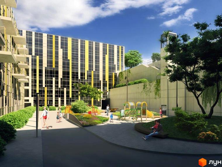 Житловий комплекс Фестивальний з сучасним фасадом та прибудинковою територією з дитячим майданчиком і зеленими насадженнями.