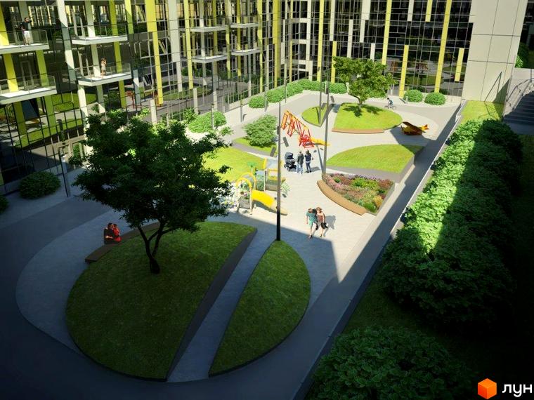 Житловий комплекс Фестивальний з сучасними балконами та прибудинковою територією з дитячим майданчиком та зеленими зонами.