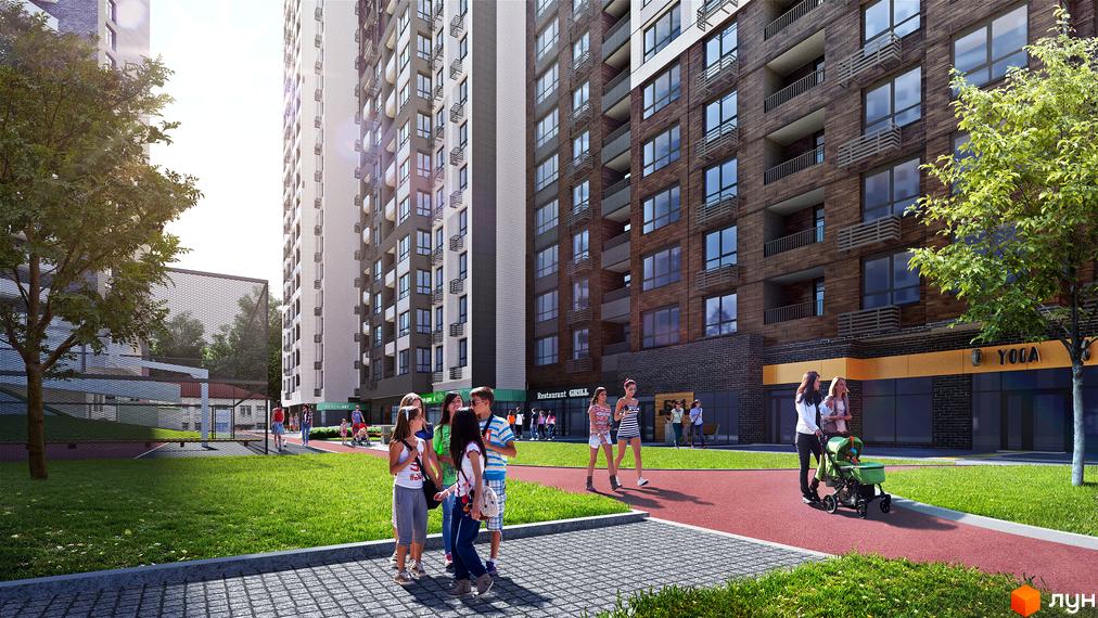 Зображення фасаду ЖК Poetica. Перша колекція та прибудинкової території. Висотки з великою кількістю вікон, поруч зелена зона з пішохідними доріжками.