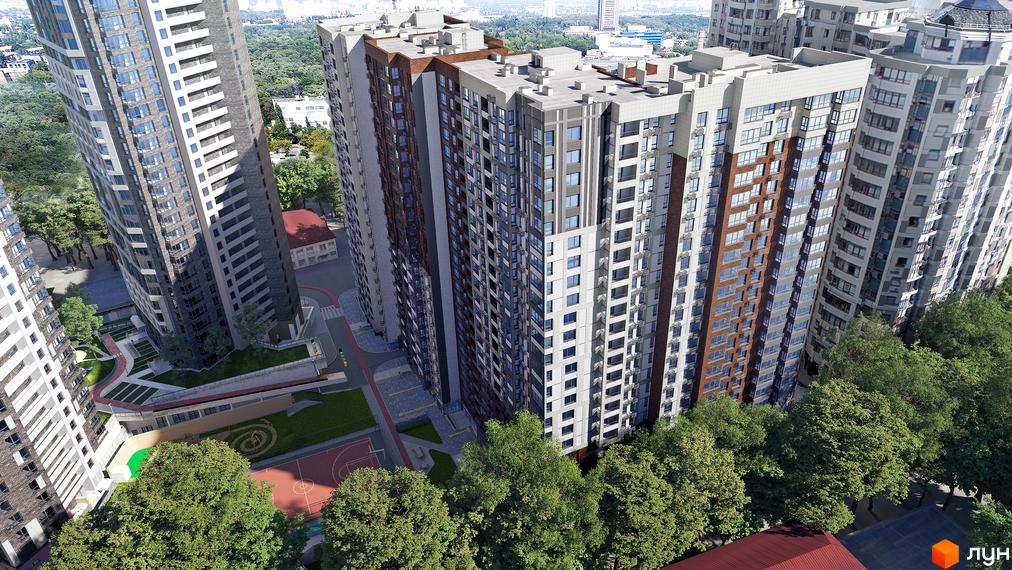 Житловий комплекс Poetica. Перша колекція: високі будинки з різними фасадами, зелені зони, дитячий та спортивний майданчики.