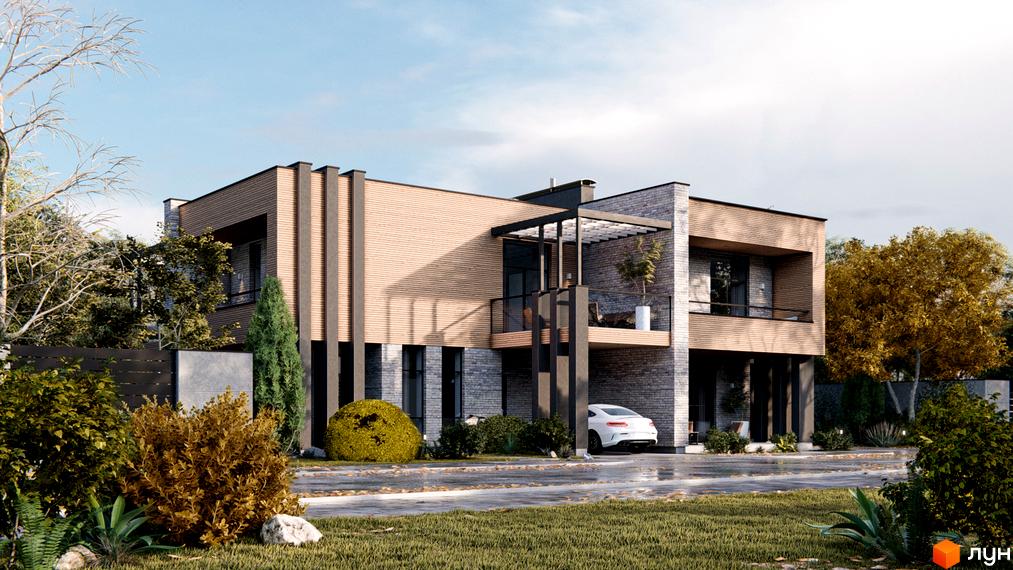 Котеджне містечко KМ Family Park Residence: двоповерховий будинок з цегляним та дерев'яним оздобленням, балконами та прибудинковою територією з газоном та деревами.