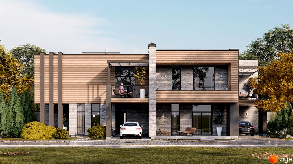 Двоповерховий будинок з оздобленням з дерева та каменю. На території є газон, дерева та місце для паркування авто.