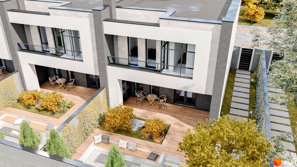 Зображення житлового комплексу КМ Family Park Residence. Триповерхові будинки з терасами та зоною відпочинку, озеленення прибудинкової території.