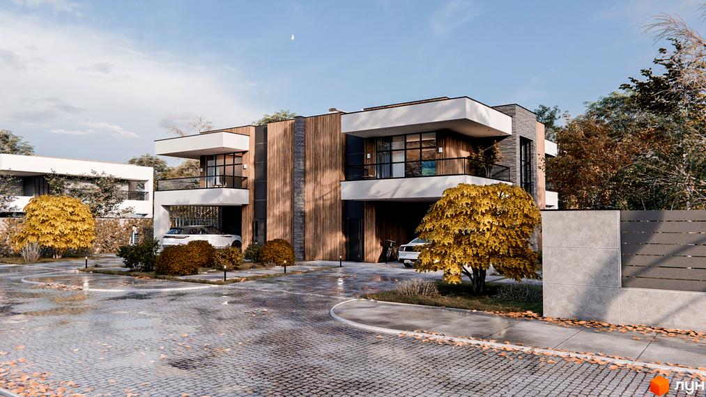 Котеджне містечко Family Park Residence. Сучасні двоповерхові будинки з дерев'яними фасадами та великими вікнами, прибудинкова територія з бруківкою та осінніми деревами.