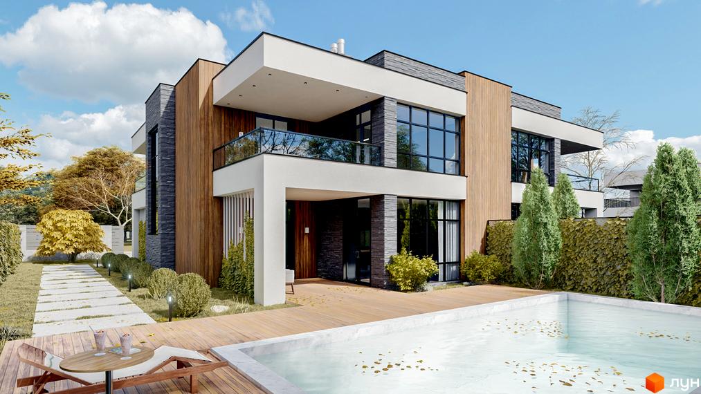 Двоповерховий будинок з дерев'яним оздобленням фасаду, великими вікнами та балконом. На території басейн, тераса з лежаками та зелені насадження.