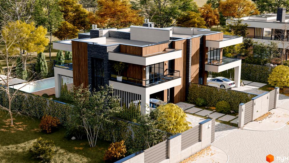 Двоповерховий будинок з дерев'яними панелями та великими вікнами. На території є басейн, зелені насадження та парковка для автомобіля.