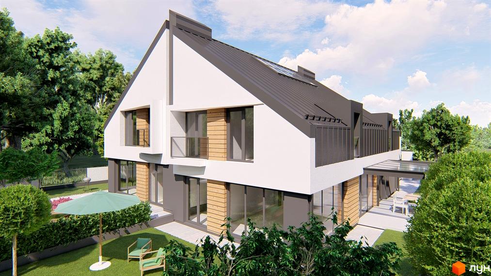 Зовнішній вигляд дуплексів Atlant House з великими вікнами та сірим дахом, прибудинкова територія з газоном, парасолькою та кріслами.