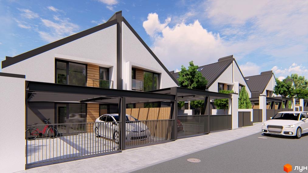 Atlant House - сучасний житловий комплекс з дуплексами та прибудинковою територією з автомобілями та велосипедом.