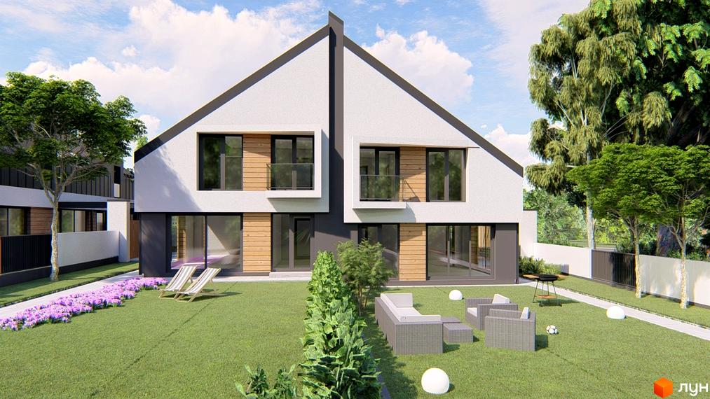 Atlant House - сучасні дуплекси з великими вікнами та дерев'яними елементами фасаду. На прибудинковій території зелений газон, квіти, зона відпочинку з плетеними меблями та мангал.