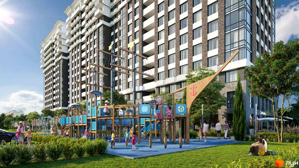 Житловий комплекс River Plaza з дитячим майданчиком у вигляді корабля та зонами відпочинку. Сучасна архітектура та доглянута прибудинкова територія.