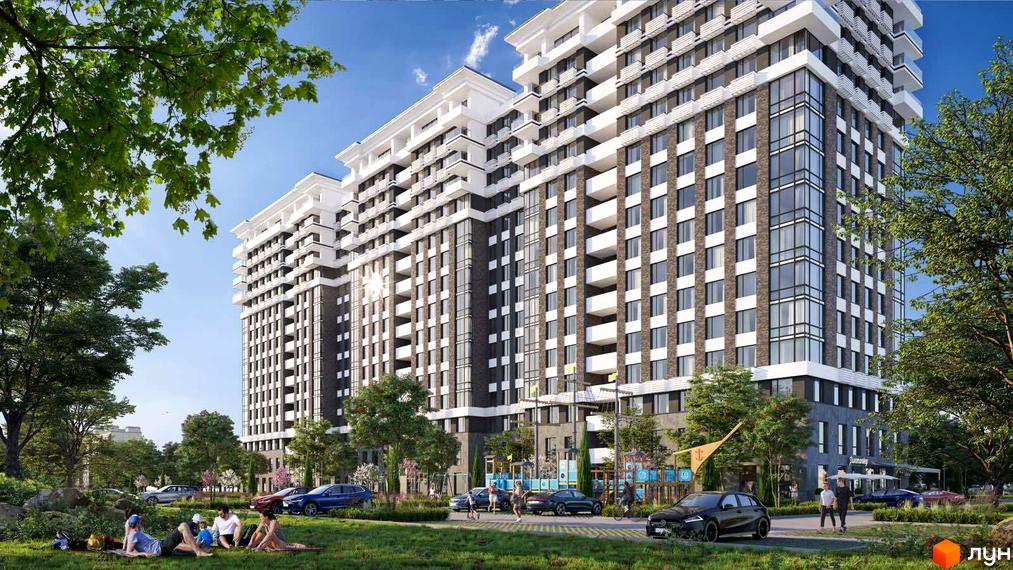 Житловий комплекс River Plaza з багатоповерховими будинками та балконами, зеленою зоною відпочинку та дитячими майданчиками на прибудинковій території.