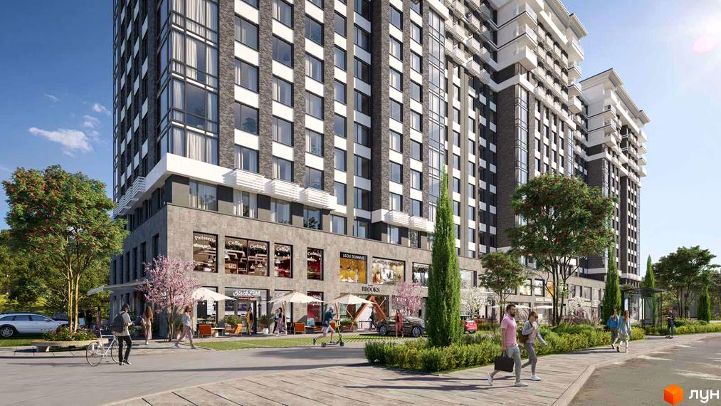 Житловий комплекс River Plaza з фасадами з сірої цегли та великими вікнами. На прибудинковій території зелені дерева та пішохідна зона.