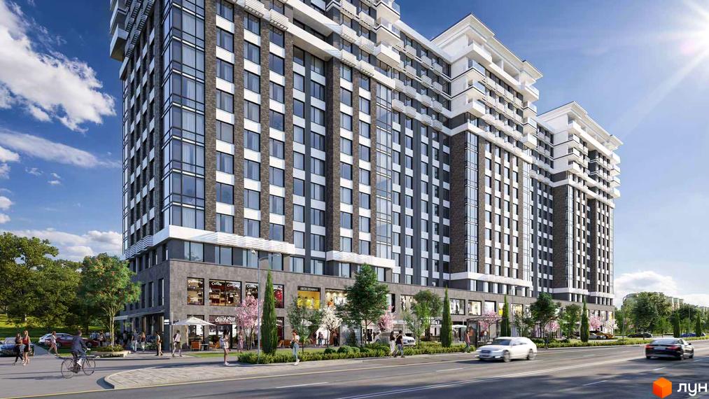 Зовнішній вигляд новобудови River Plaza з фасадами з темної плитки та білих елементів, а також прибудинковою територією з деревами та пішохідною зоною.