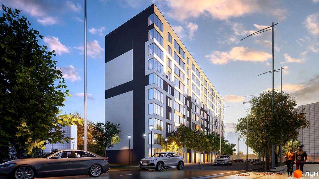 Новобудова ЖК Молодіжний з панорамними вікнами та сіро-білим фасадом на фоні хмарного неба. Поруч дорога з автомобілями та зелені дерева.