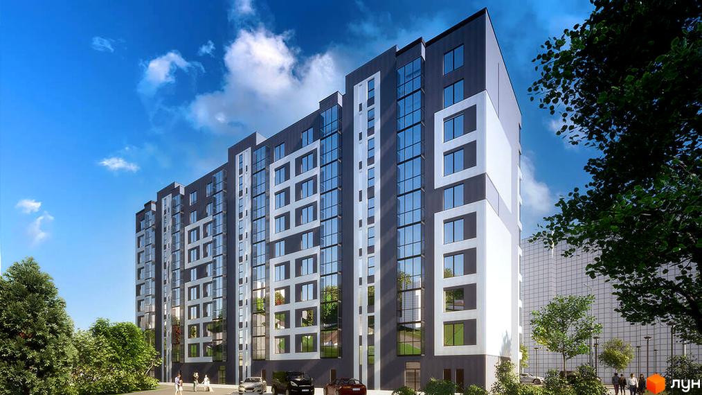 Зовнішній вигляд новобудови ЖК Молодіжний з великою кількістю скляних поверхонь та сірими і білими елементами фасаду. Навколо будинку зелені дерева та невелика кількість людей.