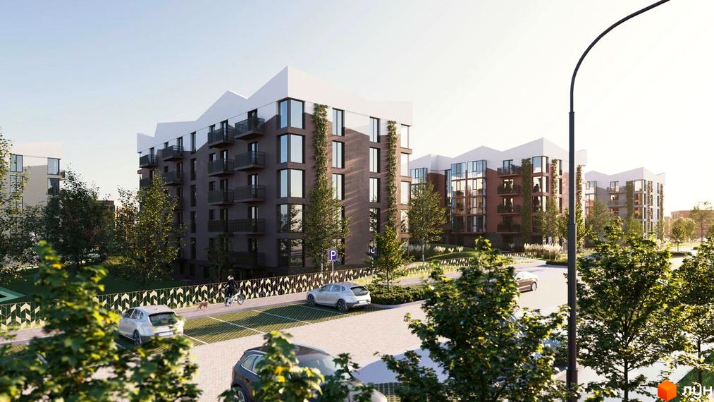 Житловий комплекс Гордість: фасади будівель з балконами та великими вікнами, зелена прибудинкова територія з парковкою та пішохідними доріжками.