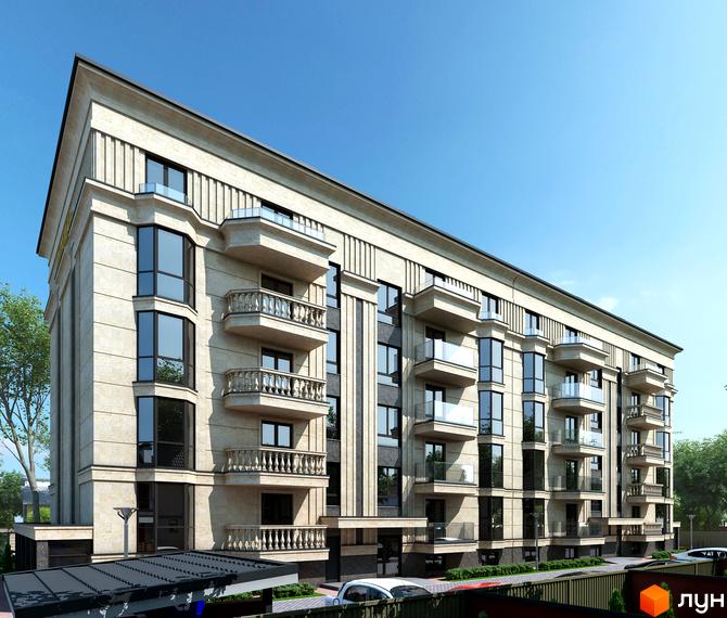 Житловий комплекс Monaco - це багатоповерхова новобудова з балконами та великими вікнами, розташована біля зеленої зони.