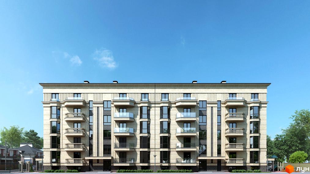 Фасад житлового комплексу Monaco з балконами та великими вікнами на тлі блакитного неба. Навколо будинку зелені дерева та прибудинкова територія.