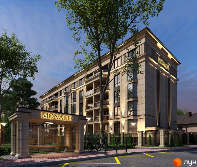 Житловий комплекс Monaco з фасадом з натурального каменю та підсвічуванням. На території комплексу розташована дитяча зона та ландшафтний дизайн.