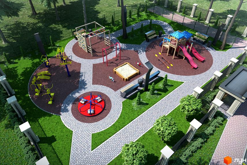 Дитячий майданчик та спортивні тренажери на території житлового комплексу Monaco. Зелена зона з деревами та пішохідними доріжками.