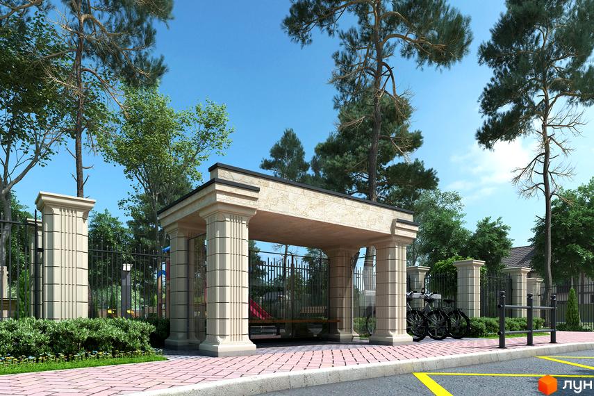 Житловий комплекс Monaco: елегантна колонада з кам'яним оздобленням та доглянута прибудинкова територія з деревами та парканом.