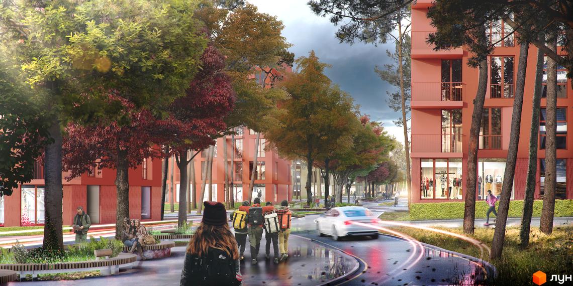 Житловий комплекс O2 Residence з червоними фасадами та балконами, оточений деревами. На прибудинковій території розташовані лавки та доріжки.