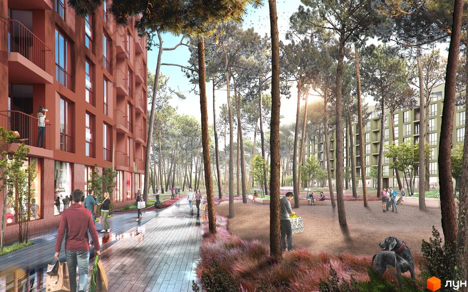 O2 Residence: цегляні будинки з балконами та великими вікнами, оточені сосновим лісом. На території є доріжки для прогулянок та зони відпочинку.