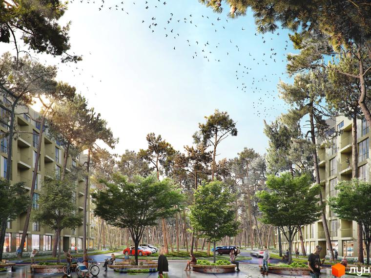 Житловий комплекс O2 Residence з багатоповерховими будинками та зеленою прибудинковою територією з деревами та місцями для відпочинку.