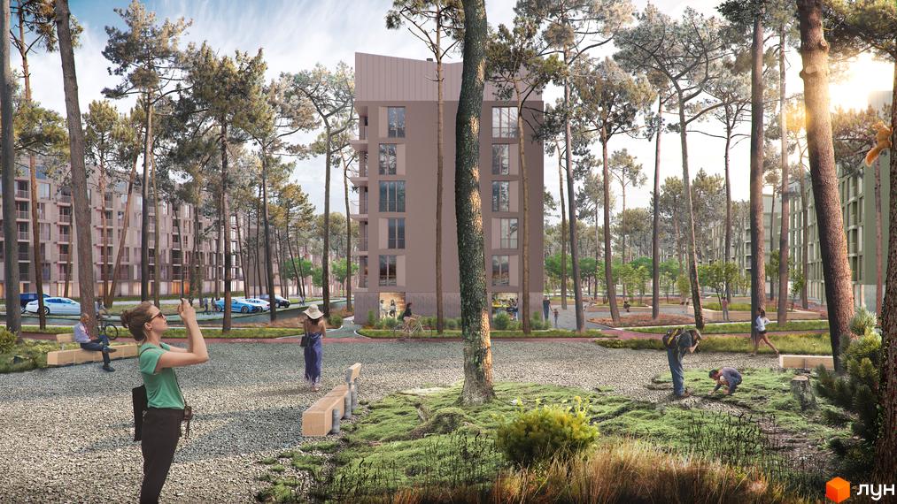 Житловий комплекс O2 Residence з багатоповерховими будинками серед соснового лісу. На території комплексу розташовані зони відпочинку з лавками та зелені насадження.