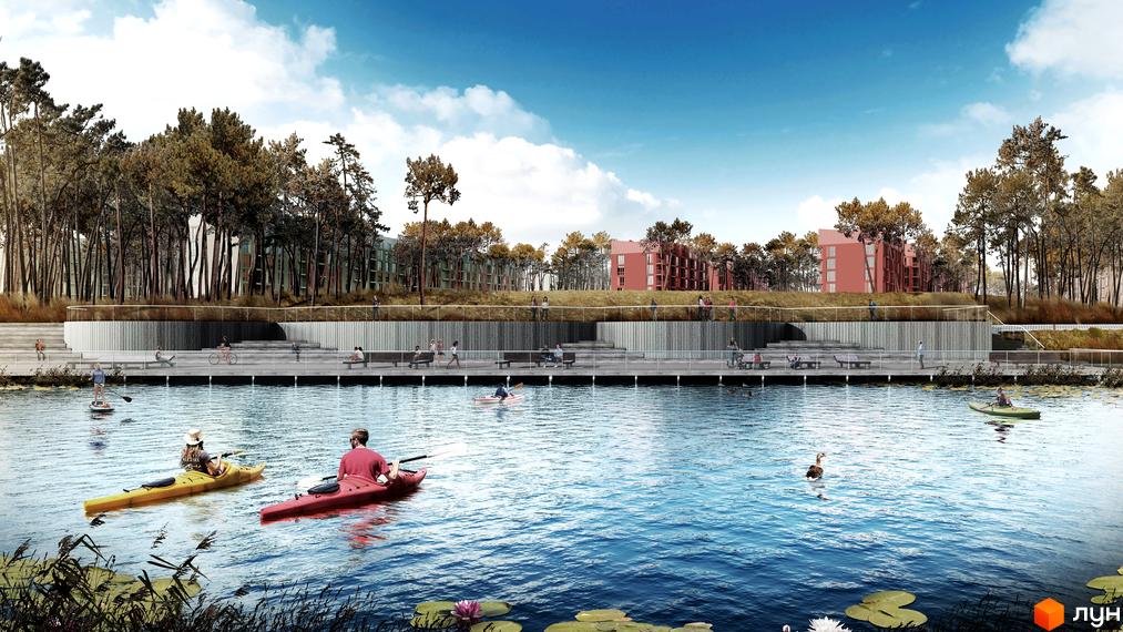 O2 Residence: житловий комплекс з червоними та зеленими фасадами на тлі соснового лісу. Набережна з місцями для відпочинку та водними розвагами.