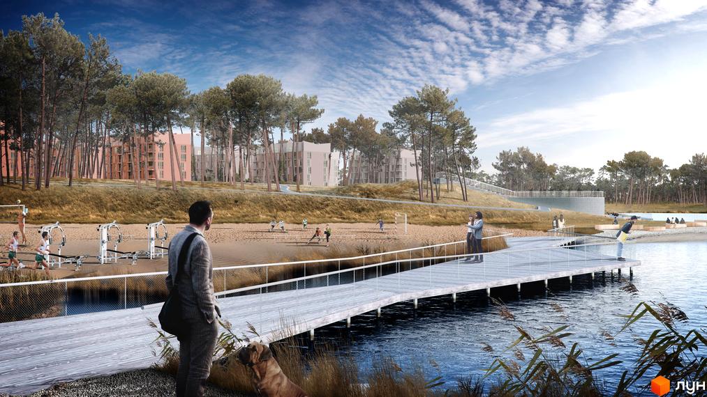 Житловий комплекс O2 Residence: сучасні будинки на фоні зеленої зони з пляжем та зоною для відпочинку. Набережна з пішохідною доріжкою та місцями для сидіння.