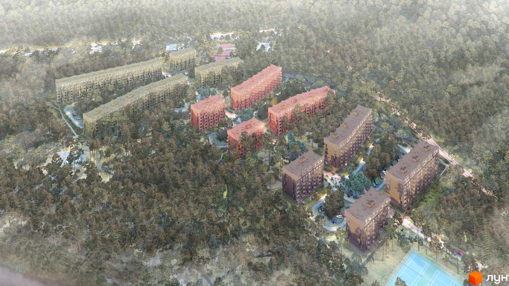 Житловий комплекс O2 Residence у оточенні лісу. Сучасні будинки з цегляним фасадом та зелена прибудинкова територія з зонами відпочинку та спортивними майданчиками.