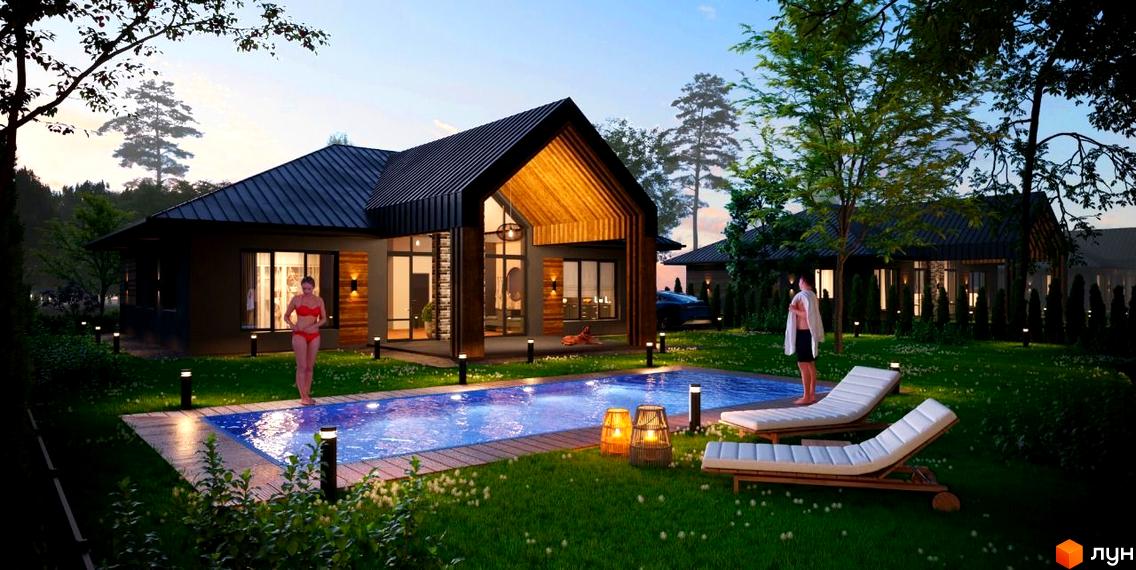 Котеджне містечко КМ Leo Eco Village з басейном та шезлонгами на зеленій ділянці біля будинку. Зовнішній вигляд будинку з великими вікнами та дерев'яними елементами.