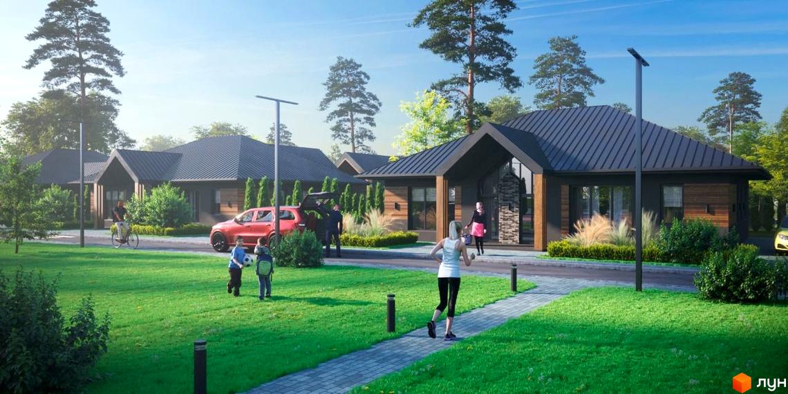 Котеджне містечко Leo Eco Village: одноповерхові будинки з темними дахами та дерев'яними фасадами, доглянута зелена територія з доріжками та деревами.