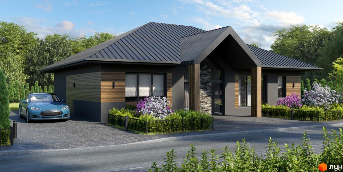 Котеджне містечко КМ Leo Eco Village з сірим дахом та дерев'яними елементами фасаду, прибудинкова територія з автомобілем та зеленню.