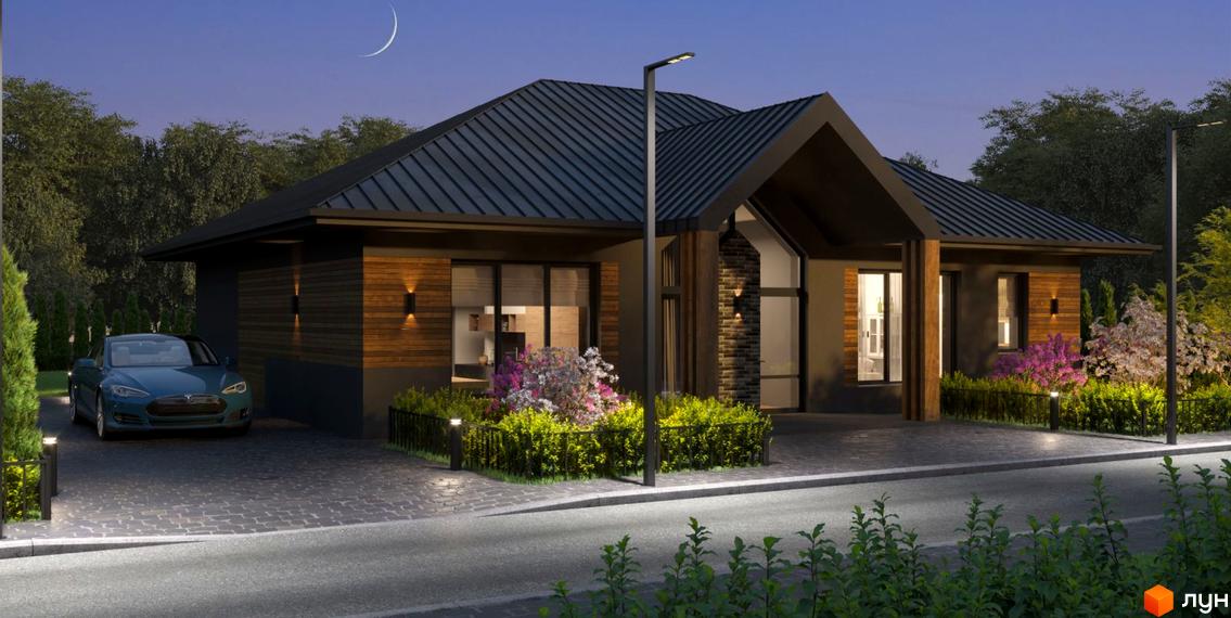 Котеджне містечко Leo Eco Village: одноповерховий будинок з темним дахом, дерев'яними елементами фасаду та освітленням. Поруч розташований електромобіль та доглянута прибудинкова територія з кущами та деревами.