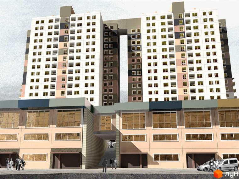 Житловий комплекс Нова перемога з фасадом з великими вікнами та прибудинковою територією для відпочинку.