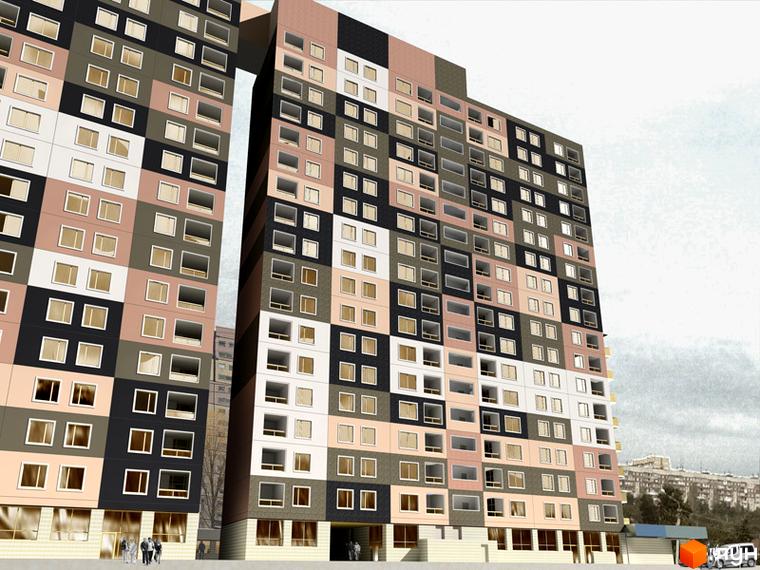 Житловий комплекс Нова перемога з сучасними фасадами та прибудинковою територією. Вид на будинок з різнокольоровими балконами.