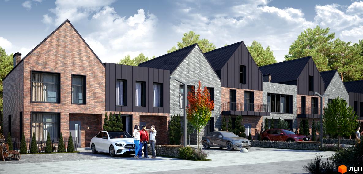 Таунхауси SIB AVENUE: фасади з цегли та металу, чорні дахи, балкони та прибудинкова територія з автомобілями та деревами.