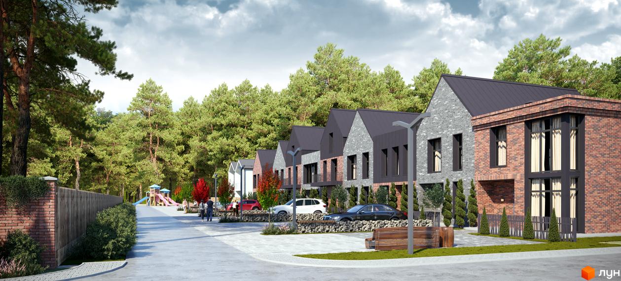 Таунхауси SIB AVENUE з цегляним фасадом та темним дахом, розташовані біля соснового лісу та дитячого майданчика.