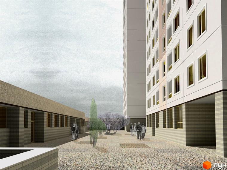 Зовнішній вигляд житлового комплексу Нова перемога з прибудинковою територією та пішохідними доріжками.