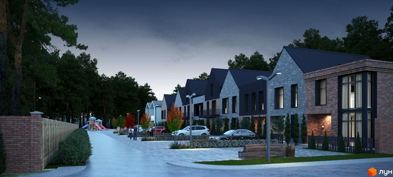 Таунхауси SIB AVENUE з цегляним фасадом та темним дахом на тлі зелених дерев. Поруч розташований дитячий майданчик та парковка з автомобілями.